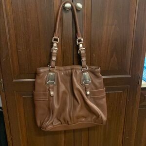 B. Makowsky Brown Leather Shoulder Bag with Silver Hardware